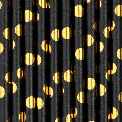 Καλαμάκια Χάρτινα Μαύρα Με Χρυσό Πουά Συσκευασία 10 Τεμαχίων