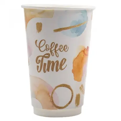 Ποτήρι Χάρτινο 16oz Διπλότοιχο Με Σχέδιο “Coffee Time” Χρυσό Συσκευασία 20 Τεμαχίων