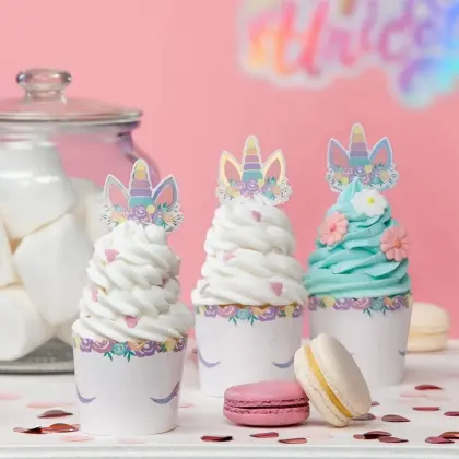 Θήκη Διακοσμητική Για Cupcakes Χάρτινη & Toppers Unicorn Συσκευασία 6 Τεμαχίων