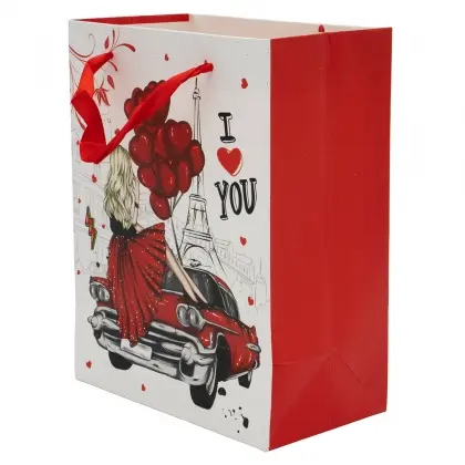 Τσάντα Χάρτινη Με Σατινέ Χερούλι Με Σχέδια “Love” 18x10x23cm